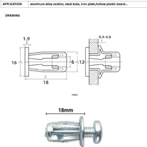 THE JACK NUT IS A FLAT HEAD SLOTTED BODY NUT THAT IS DESIGNED TO BE INSTALLED ON SOFT OR BRITTLE MATERIALS SUCH AS PLASTIC, PAPER OR GLASS. ITS 4 LEG EXPAND BEHIND THE PARENT MATERIAL AND HAS EXCELLENT PULL OUT RESISTEANCE ESPECIALLY IN SOFT MATERIALS. IT COMES IN A BAG OF 1000 PCS WITH SCREWS WIEGHING 3KGS. ITS MADE OF STEEL AND FITS M6 PHILLIPS SCREWS.